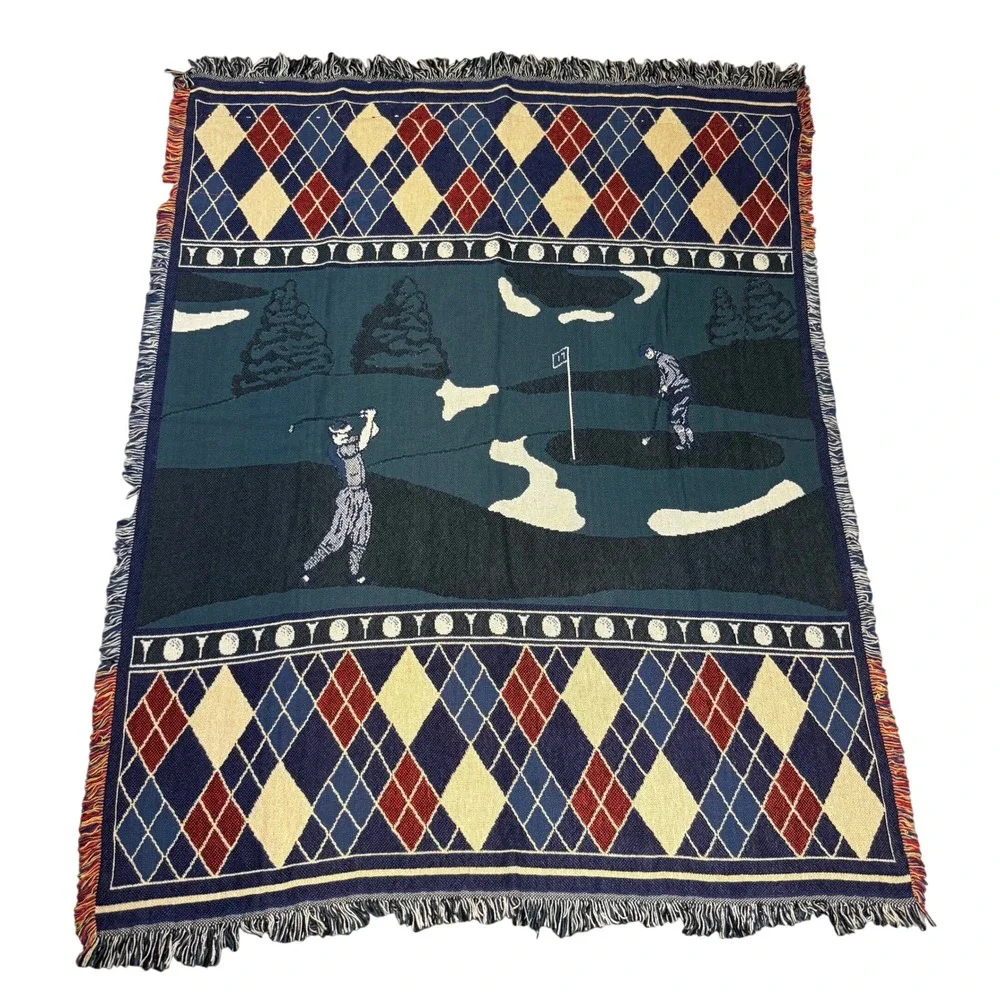 Vintage Golf Woven Tapestry Throw Blanket Argyle Fringe Man Cave Wall‎ Hanging